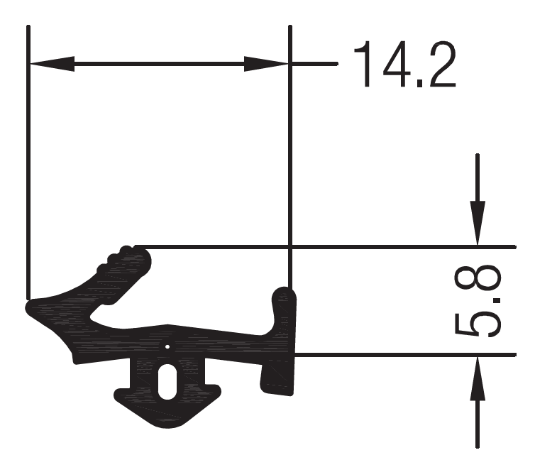 Universaldichtung mit Maß 14,2mm Querschnitt einer Universaldichtung für Fenster mit den Maßen 14,2 mm Breite und 5,8 mm Höhe